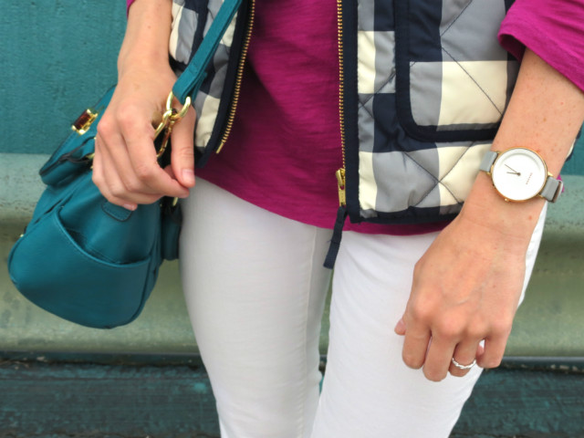 J. Crew gingham excursion vest, white jeans for fall