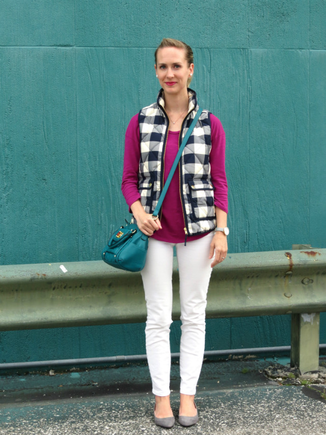 J. Crew gingham excursion vest, white jeans for fall