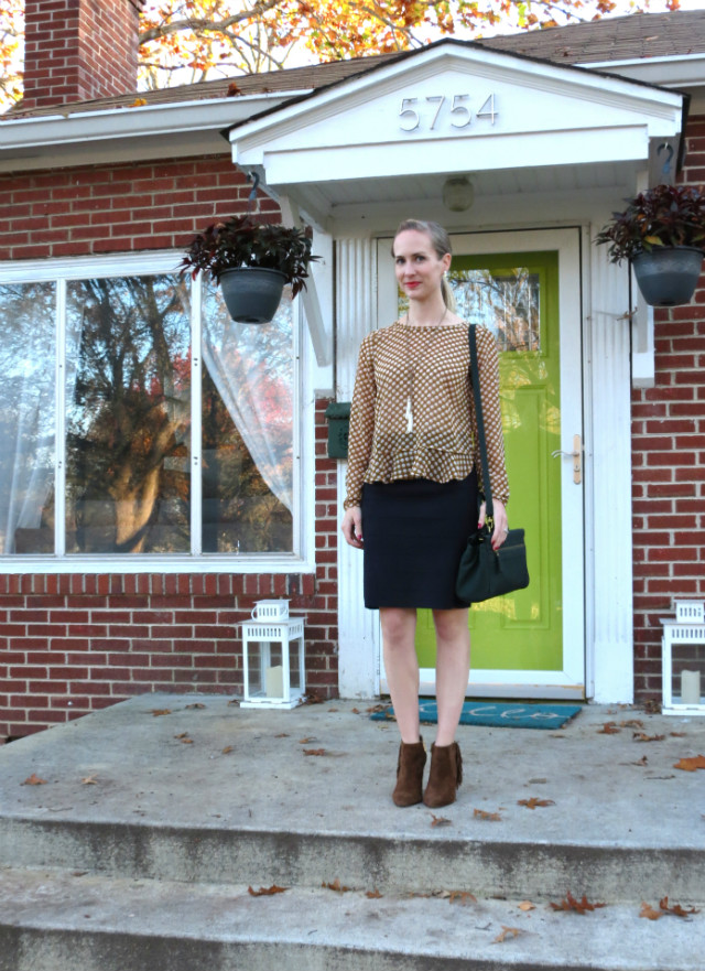 70s back in style, flutter hem top, fringe ankle boots, ankle boots with pencil skirt
