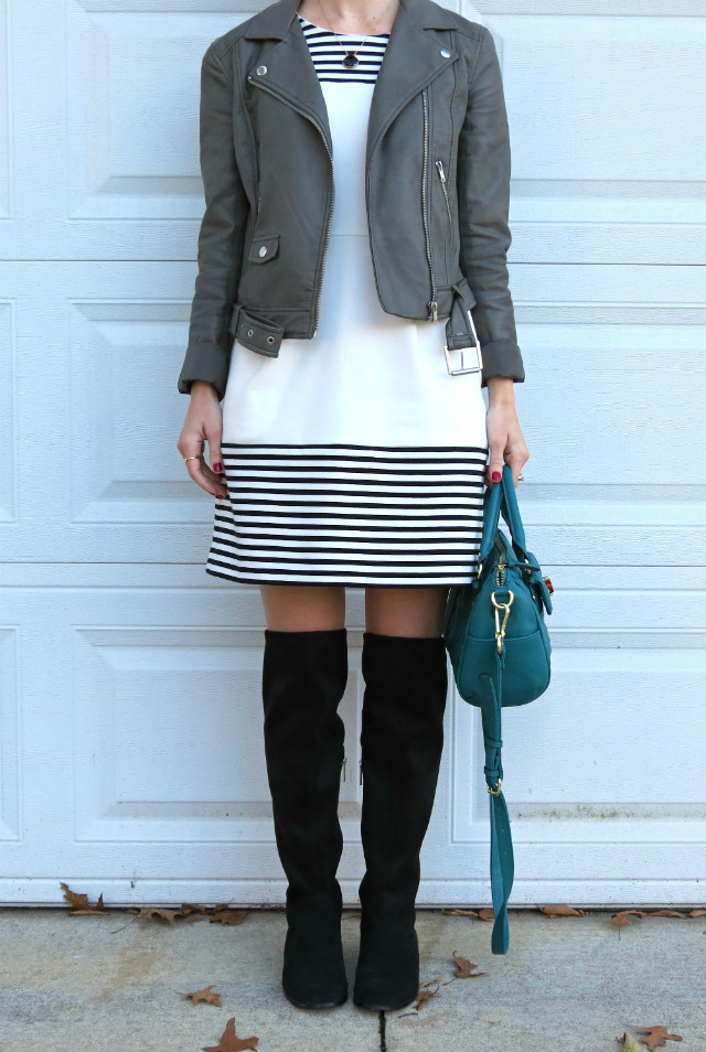 Madewell fit and flare dress, gray faux leather jacket, suede over the knee boots, cat ring, monogram ring