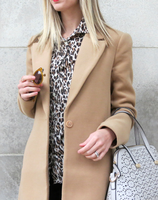 leopard shirt, camel coat, olive suede wedges