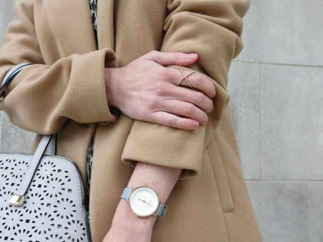 leopard shirt, camel coat, olive suede wedges