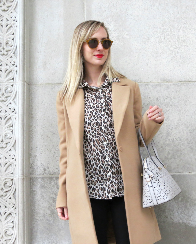leopard shirt, camel coat, olive suede wedges