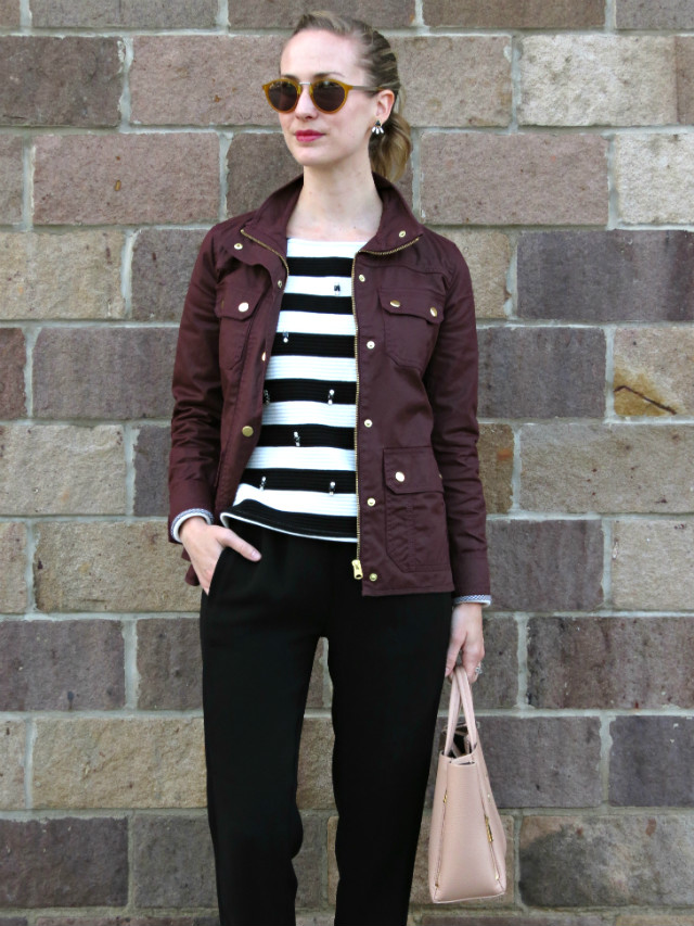 J. Crew burgundy field jacket, drapey pants, jeweled stripe sweater, cap toe pumps, fall fashion 2015