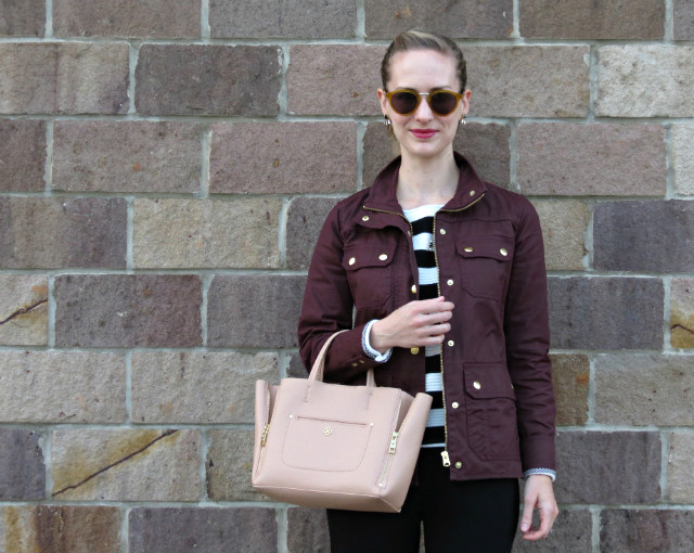 J. Crew burgundy field jacket, drapey pants, jeweled stripe sweater, cap toe pumps, fall fashion 2015