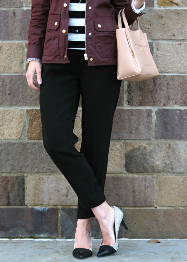 J. Crew burgundy field jacket, drapey pants, jeweled stripe sweater, cap toe pumps, fall fashion 2015