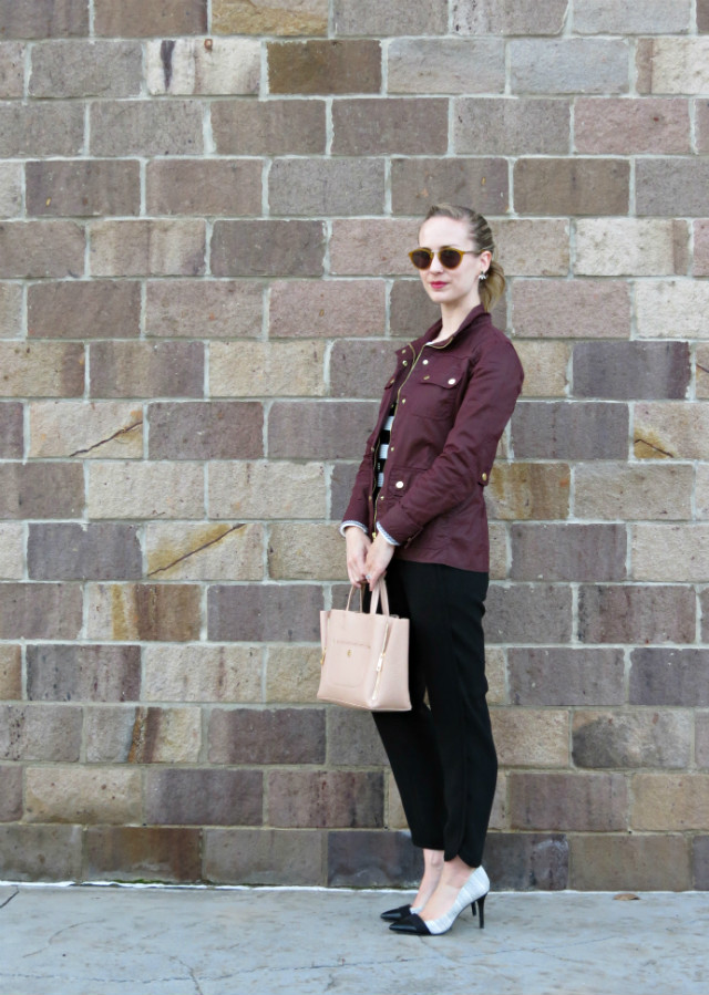 J. Crew burgundy field jacket, drapey pants, jeweled stripe sweater, cap toe pumps, fall fashion 2015