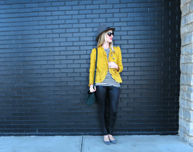 yellow blazer, J. Crew wool fedora, faux leather leggings