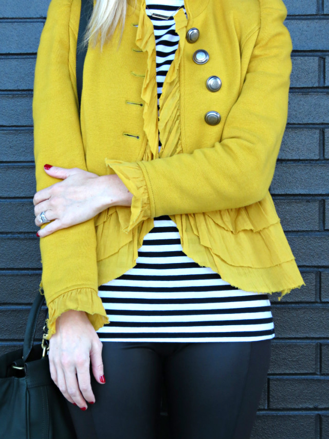 yellow blazer, J. Crew wool fedora, faux leather leggings