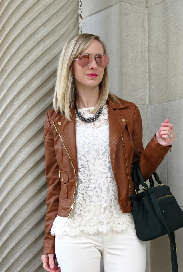 brown faux leather jacket, cream corduroys, cream lace tee, pink Ray Bans, leopard smoking flats