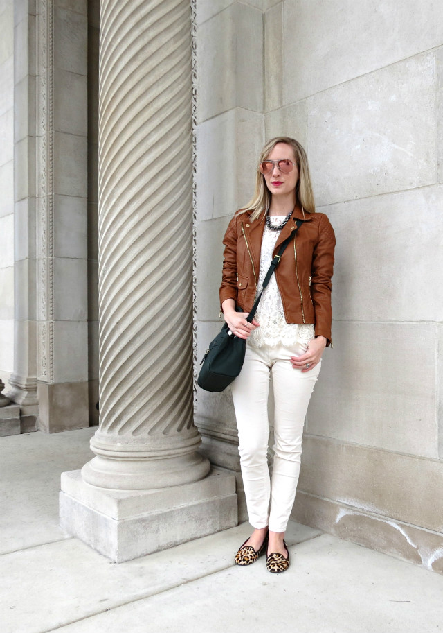 brown faux leather jacket, cream corduroys, cream lace tee, pink Ray Bans, leopard smoking flats