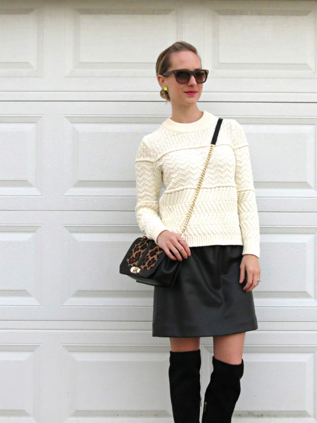 faux leather skirt, cream sweater, over the knee boots, rebecca minkoff leopard bag