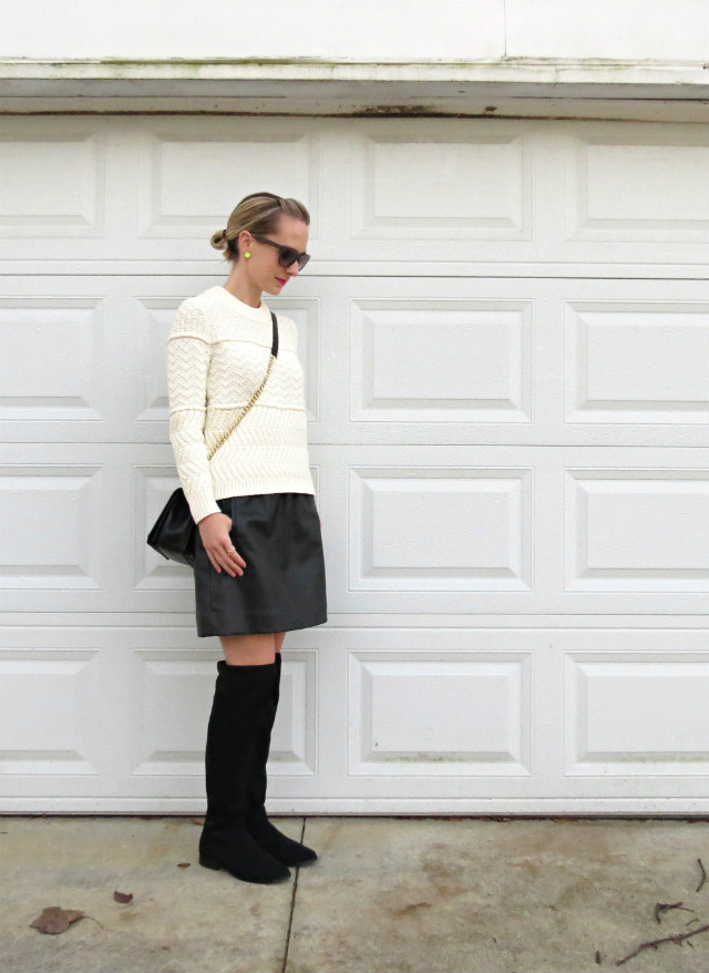 faux leather skirt, cream sweater, over the knee boots, rebecca minkoff leopard bag