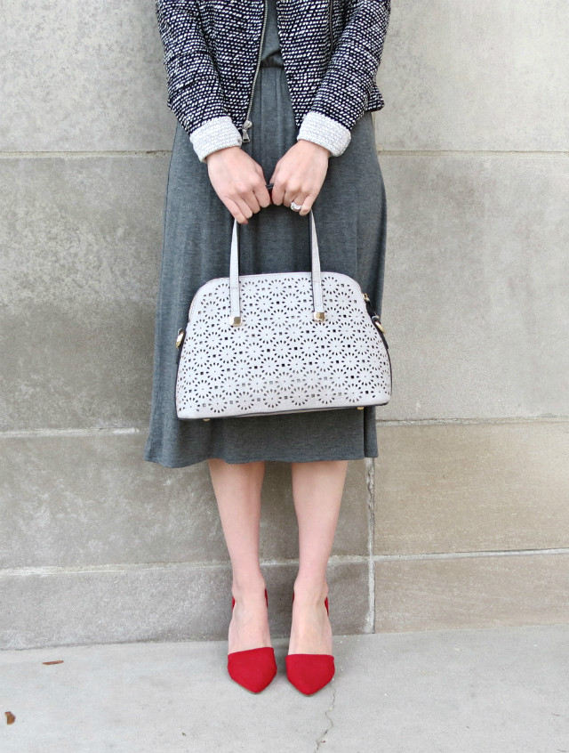 midi dress, red d'orsay pumps, Indianapolis style blog