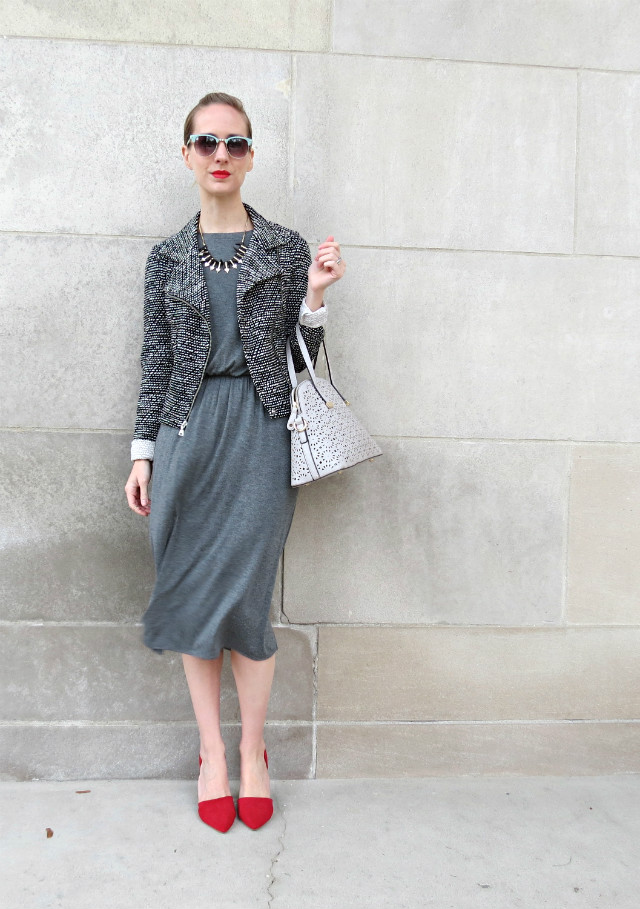 midi dress, red d'orsay pumps, Indianapolis style blog