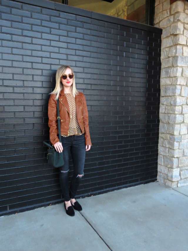 black distressed jeans, brown faux leather jacket, suede loafers