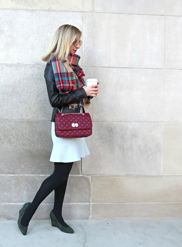 plaid blanket scarf, mint and olive, faux leather jacket