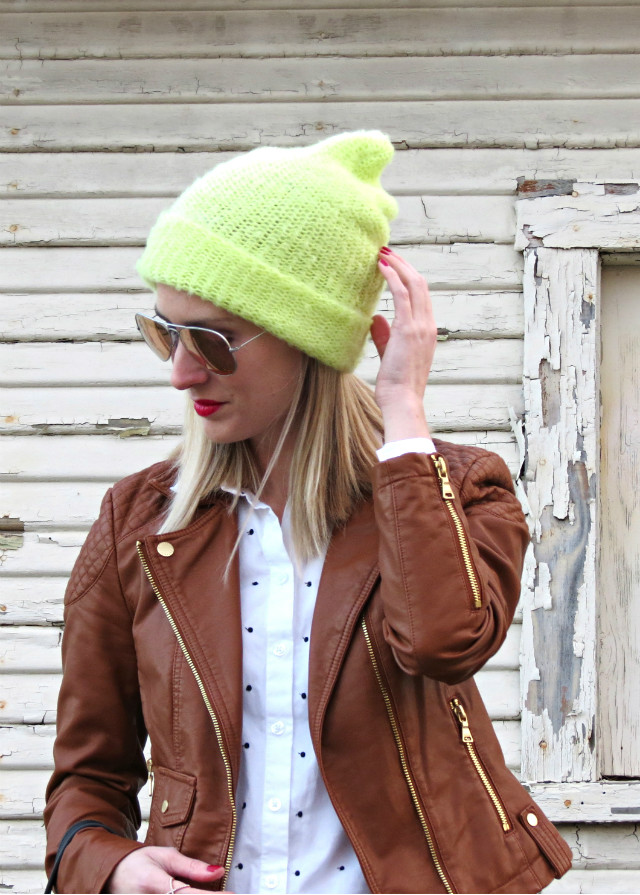 brown faux leather jacket, button up, neon beanie, leopard oxfords, casual work outfit