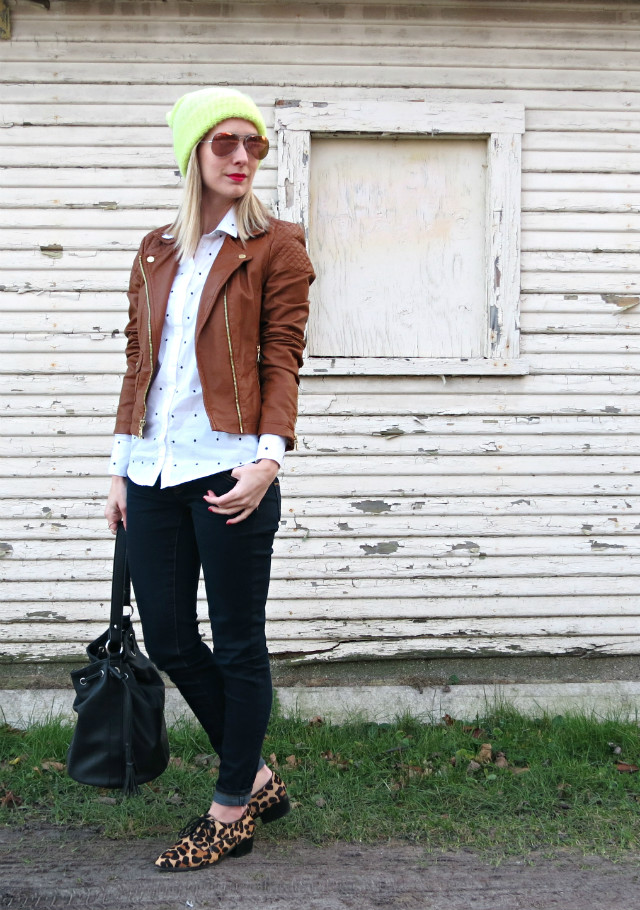 brown faux leather jacket, button up, neon beanie, leopard oxfords, casual work outfit