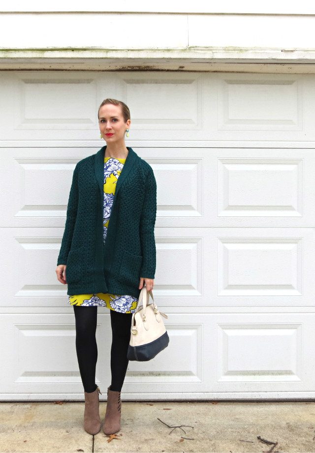teal and chartreuse, ankle boots with dress, statement earrings, colorblock bag