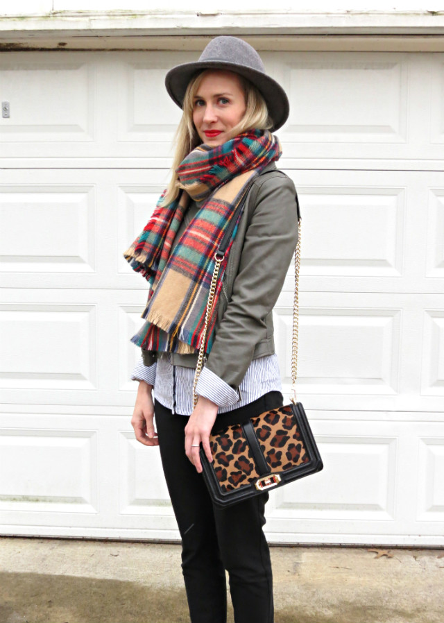 plaid blanket scarf, wool fedora, red heels, gray faux leather jacket, striped shirt, skinny pants