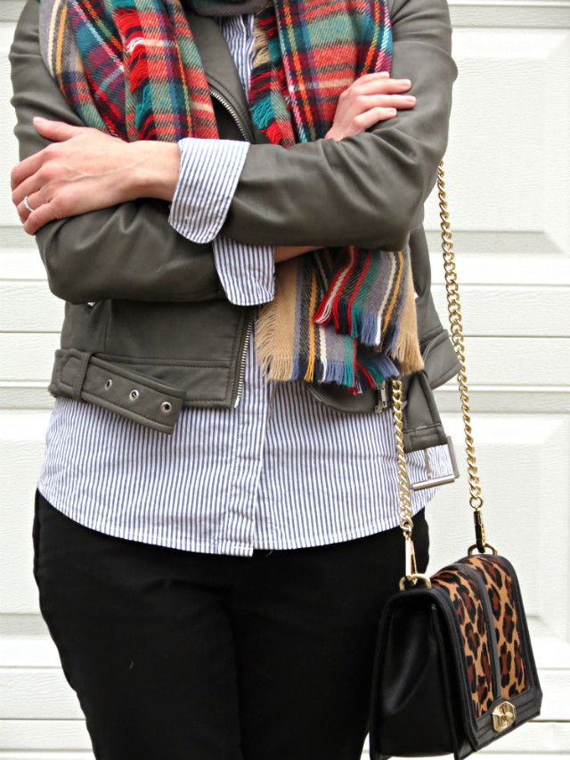 plaid blanket scarf, wool fedora, red heels, gray faux leather jacket, striped shirt, skinny pants