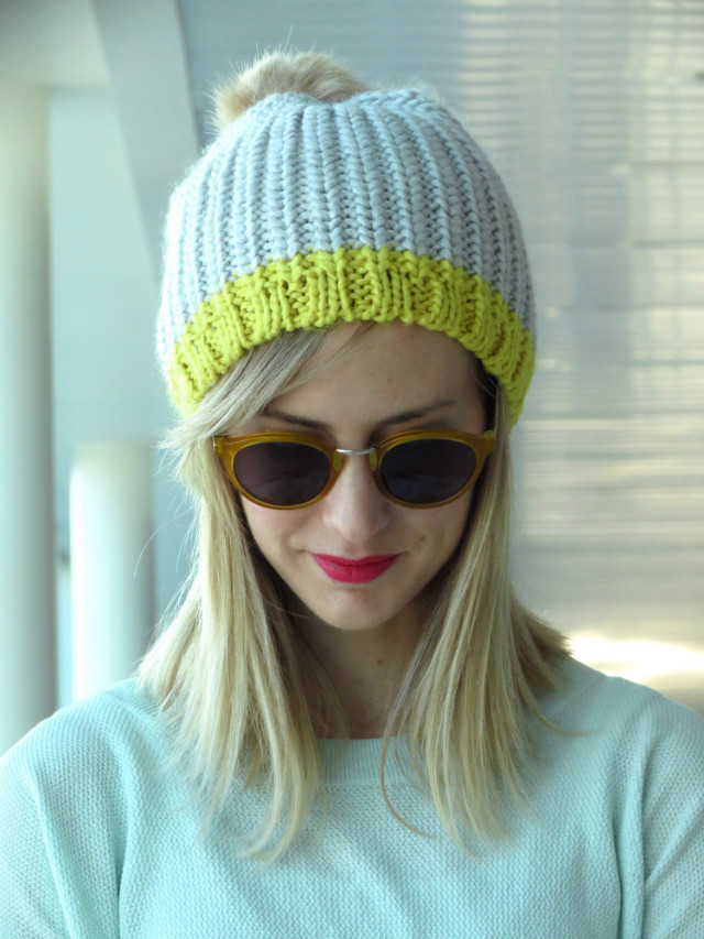 colorblock gray and yellow beanie