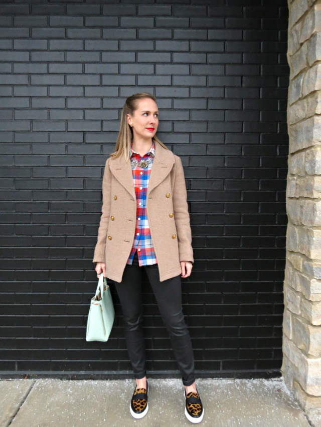 plaid flannel, coated jeans, leopard sneakers