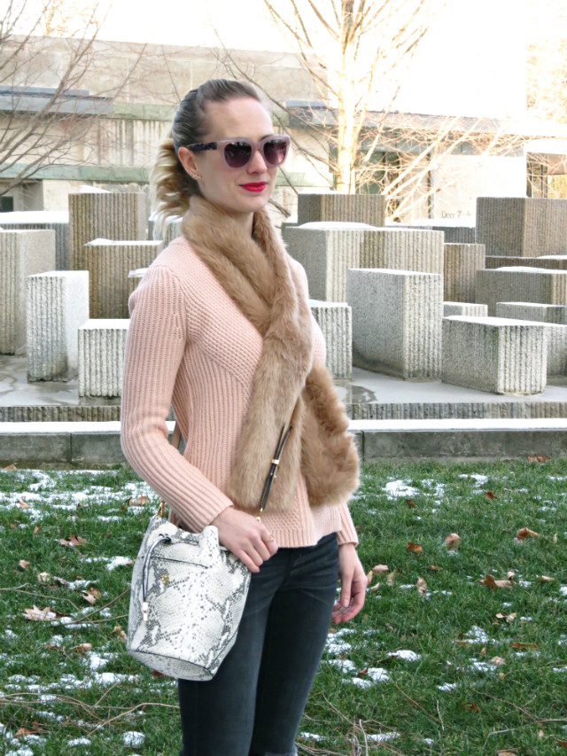 blush cable knit sweater, faux fur crossover scarf, distressed gray jeans, pink sunglasses, Kate Spade leopard sneakers