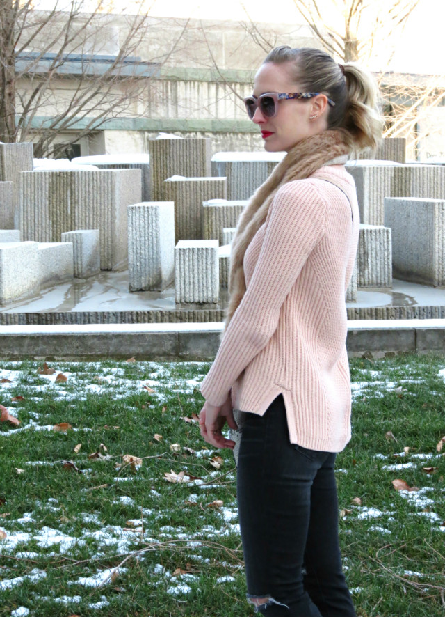 blush cable knit sweater, faux fur crossover scarf, distressed gray jeans, pink sunglasses, Kate Spade leopard sneakers