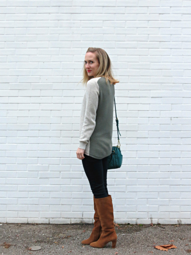 Madewell colorblock sweater, suede boots, tassel pendant