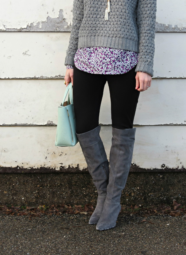 J Crew Factory shirt, cropped sweater, over the knee boots, purple beanie, mint bag