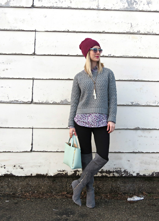 J Crew Factory shirt, cropped sweater, over the knee boots, purple beanie, mint bag