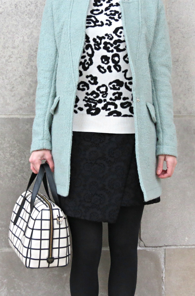 lace mini skirt, white leopard sweater, mint coat, windowpane bag