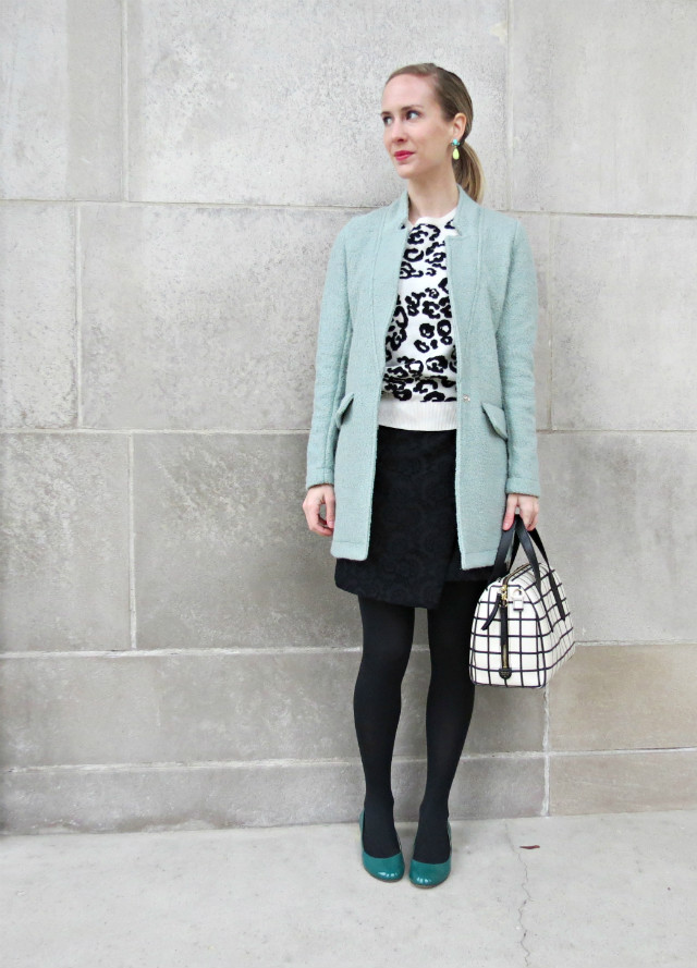 lace mini skirt, white leopard sweater, mint coat, windowpane bag
