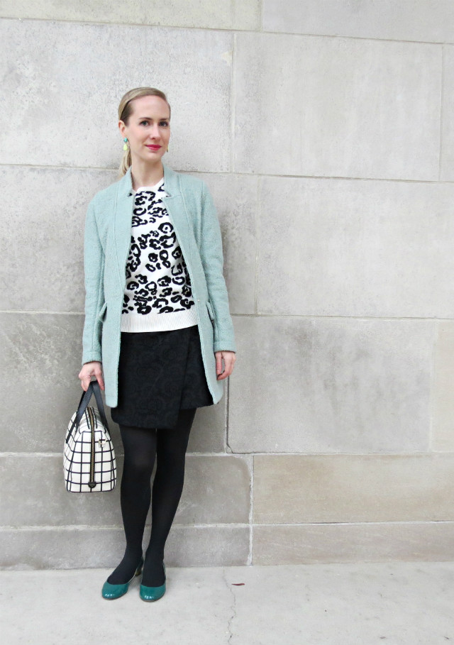 lace mini skirt, white leopard sweater, mint coat, windowpane bag