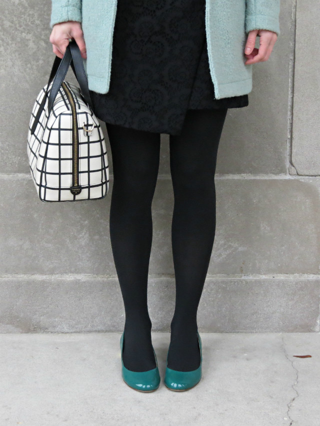 lace mini skirt, white leopard sweater, mint coat, windowpane bag