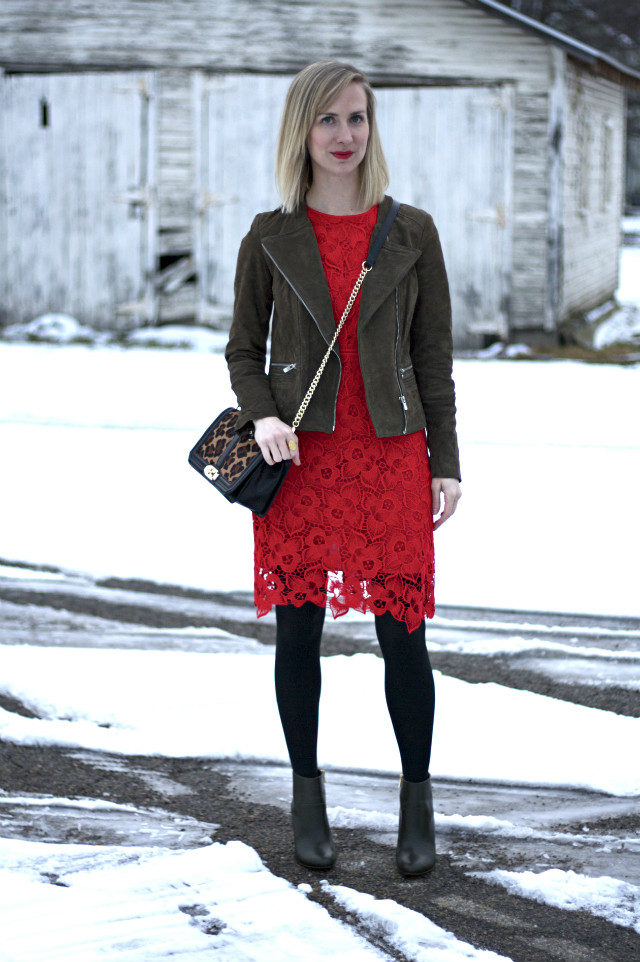 red lace dress, Rebecca Minkoff leopard bag, olive ankle booties, suede jacket