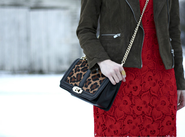 red lace dress, Rebecca Minkoff leopard bag, olive ankle booties, suede jacket