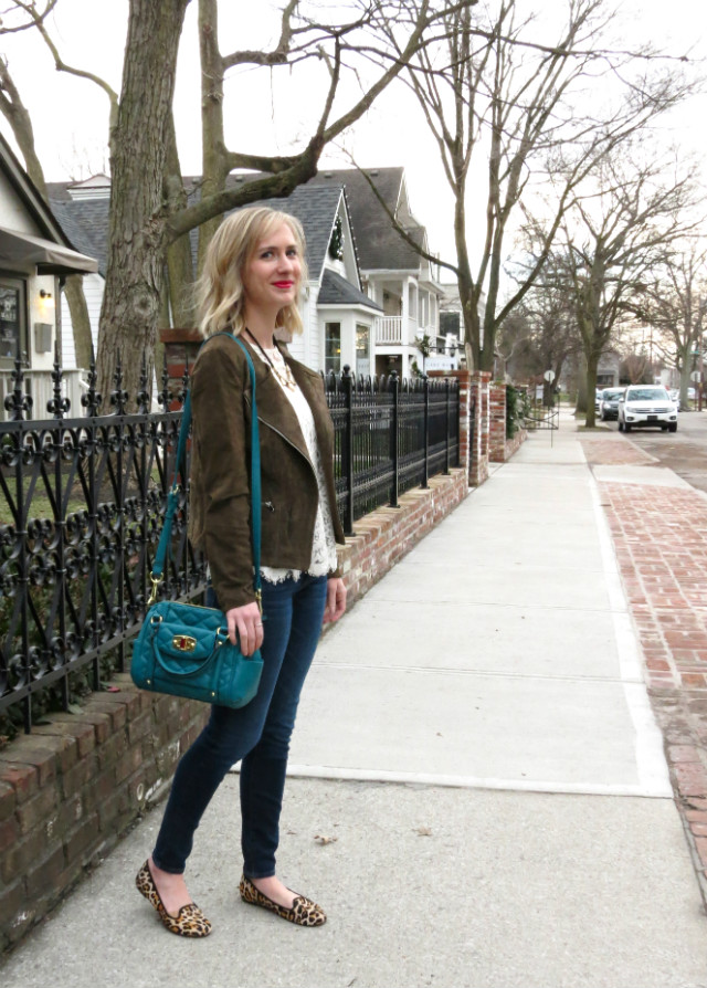 suede moto jacket, lace tee, American Eagle jeggings, Cole Haan leopard loafers