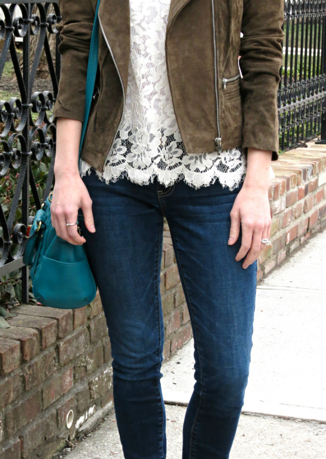 suede moto jacket, lace tee, American Eagle jeggings, Cole Haan leopard loafers