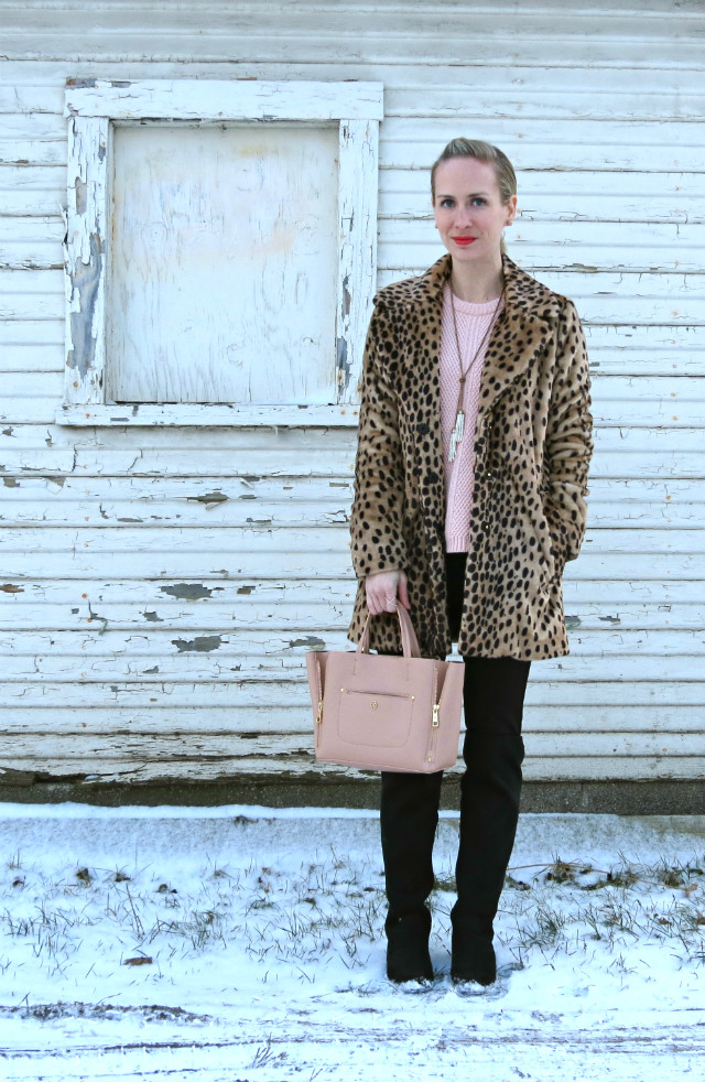 leopard coat, blush sweater, blush bag, ponte pants, suede over the knee boots
