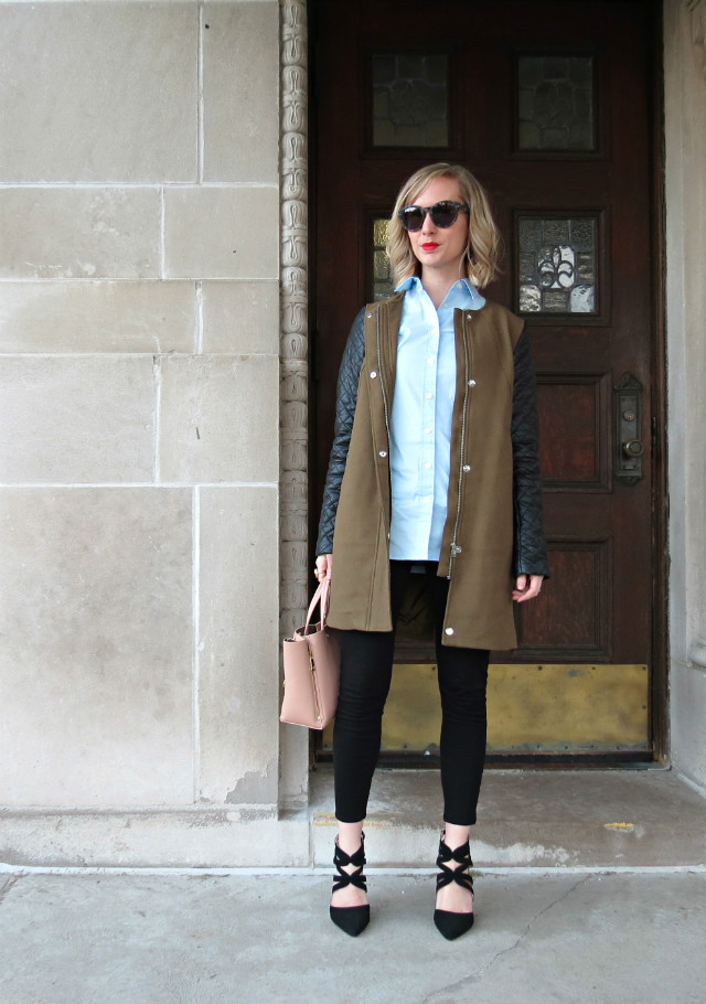 sequin tuxedo stripe shirt, ponte pants, strappy heels, olive leather sleeve trench, Madewell sunglasses, rose quartz bag