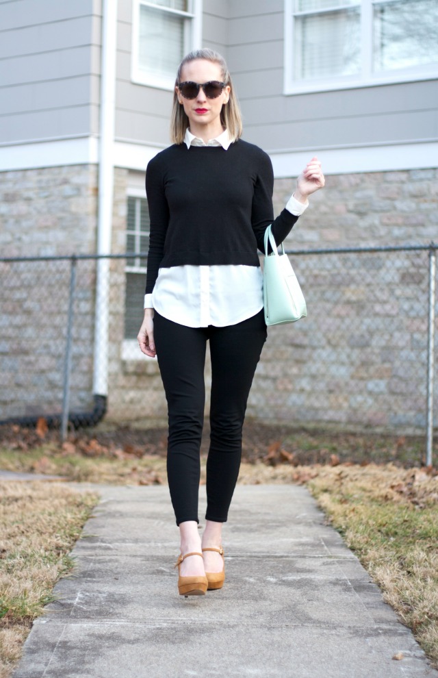 black and white outfit, Vince Camuto platform Mary Janes, mint bag, leopard coat
