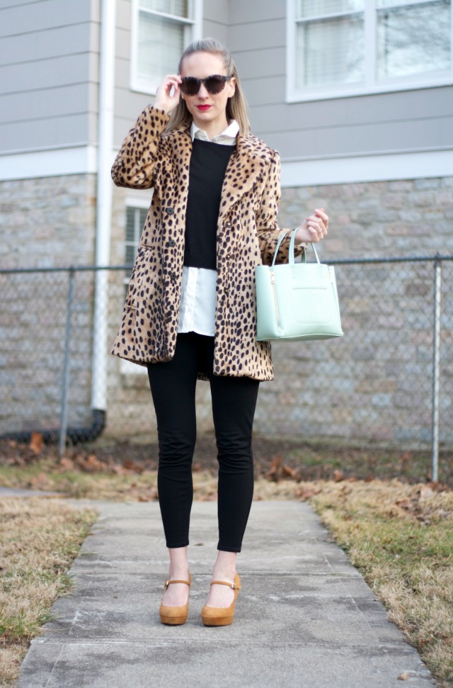 black and white outfit, Vince Camuto platform Mary Janes, mint bag, leopard coat