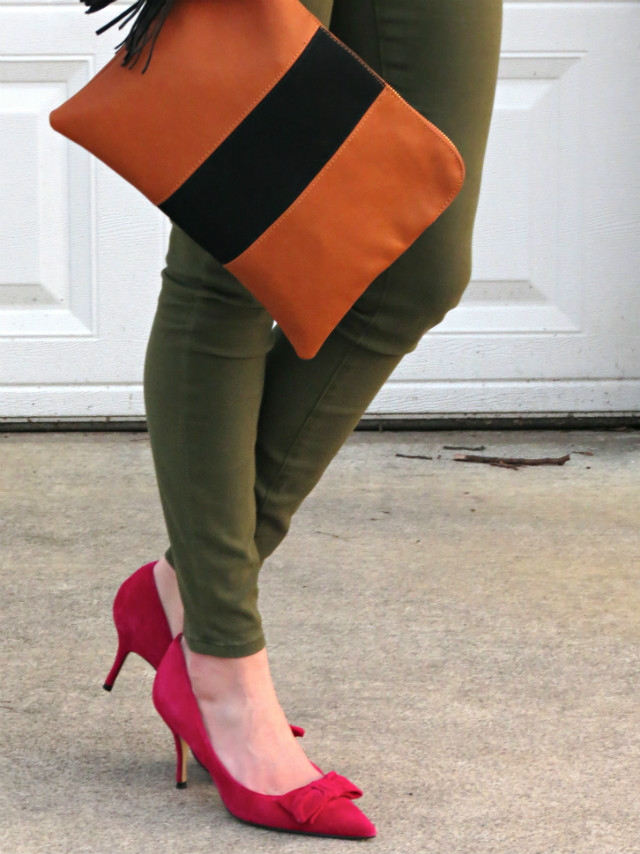 olive sateen jeggings from Loft, Who What Wear for Target clutch, suede bow pumps, SEE Eyewear sunglasses