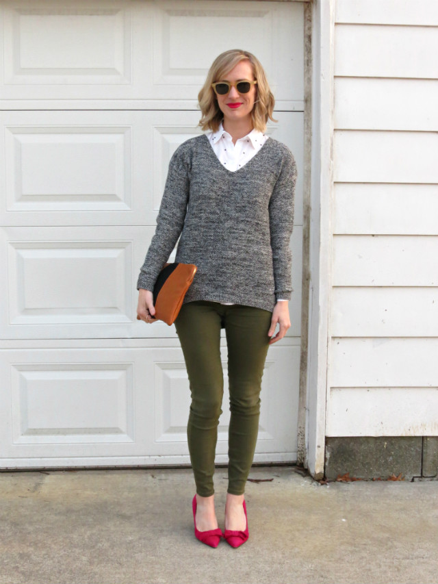 olive sateen jeggings from Loft, Who What Wear for Target clutch, suede bow pumps, SEE Eyewear sunglasses