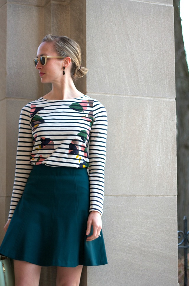 Boden placement breton shirt, Loft flippy skirt, Vince Camuto suede Mary Jane pumps