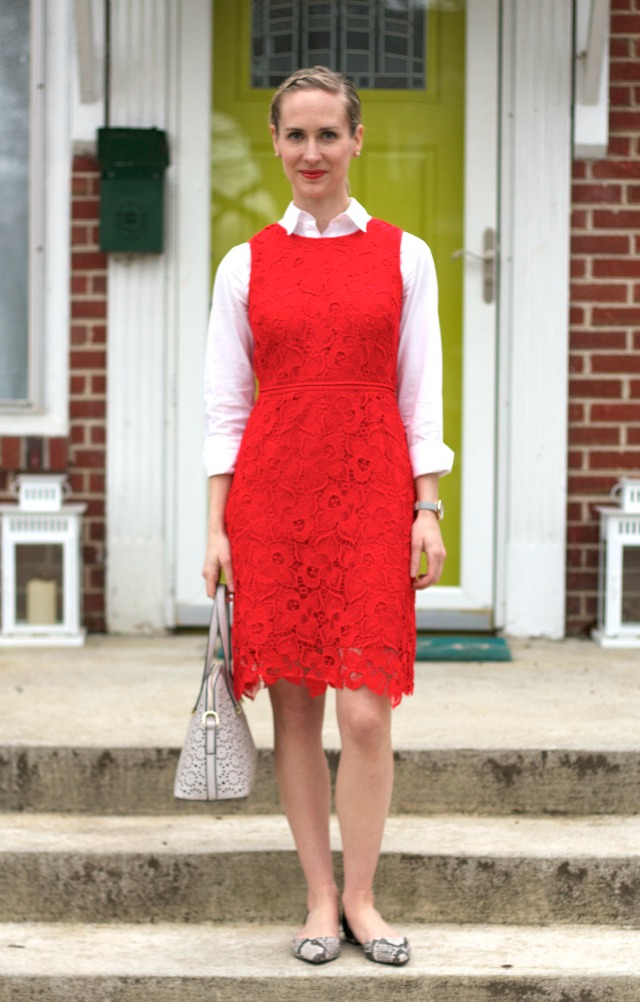orange lace dress over white button-up, d'orsay flats, business casual outfit