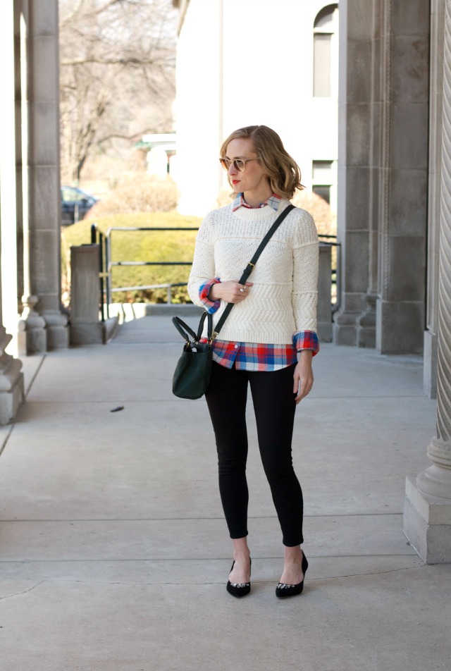plaid shirt, cream sweater, ponte pants, bejeweled pumps, lawyer style blog